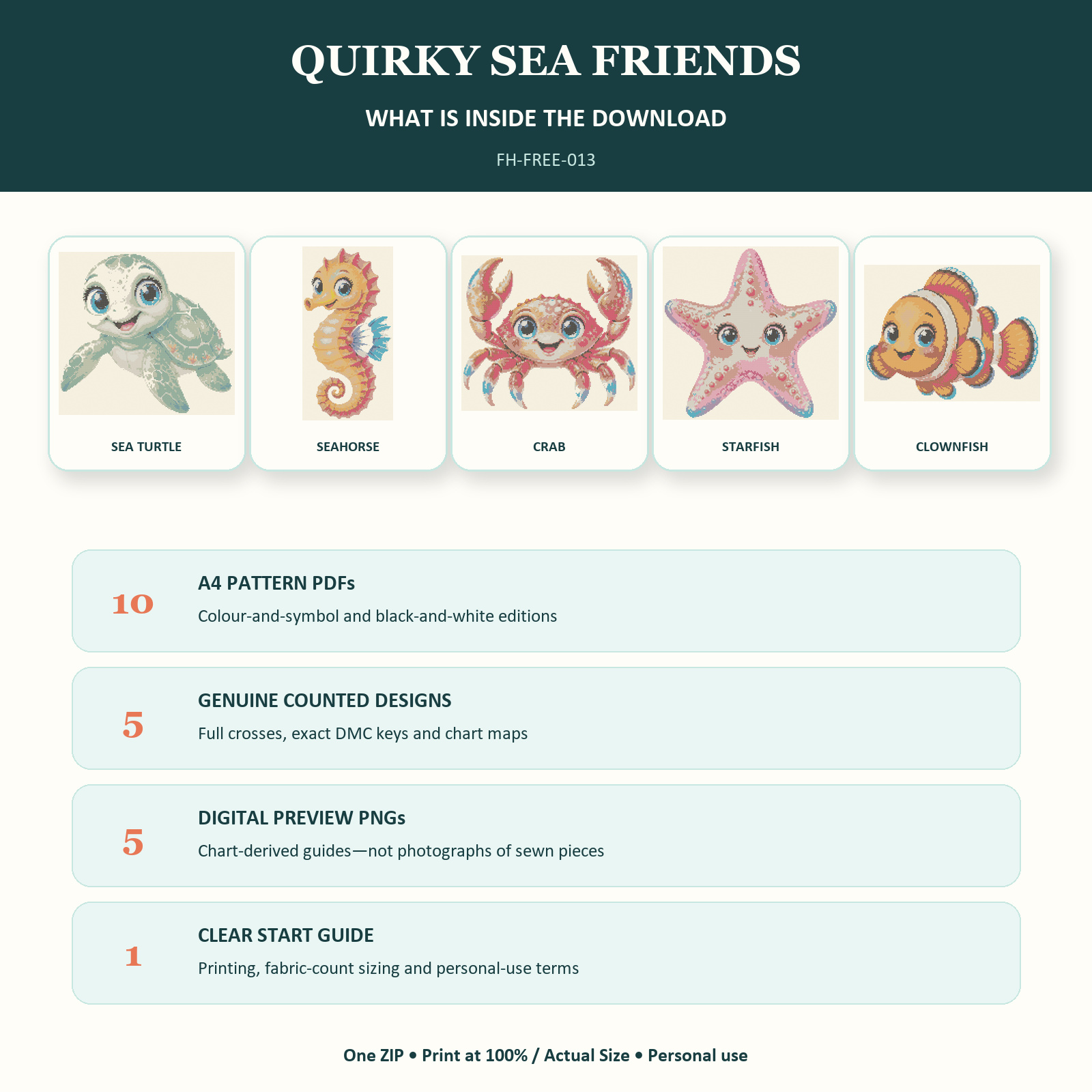 Contents overview showing the five sea-animal cross-stitch patterns and their included chart editions
