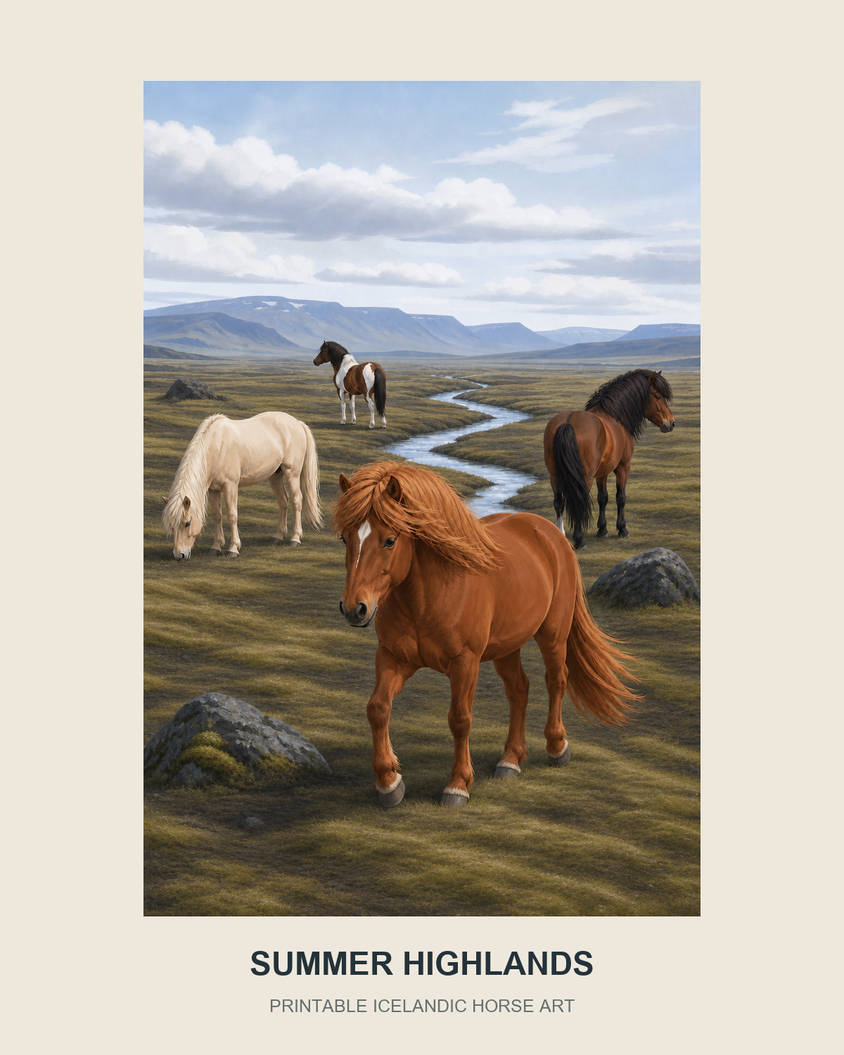 Printable illustrated poster of four Icelandic horses beside a winding stream in the summer highlands