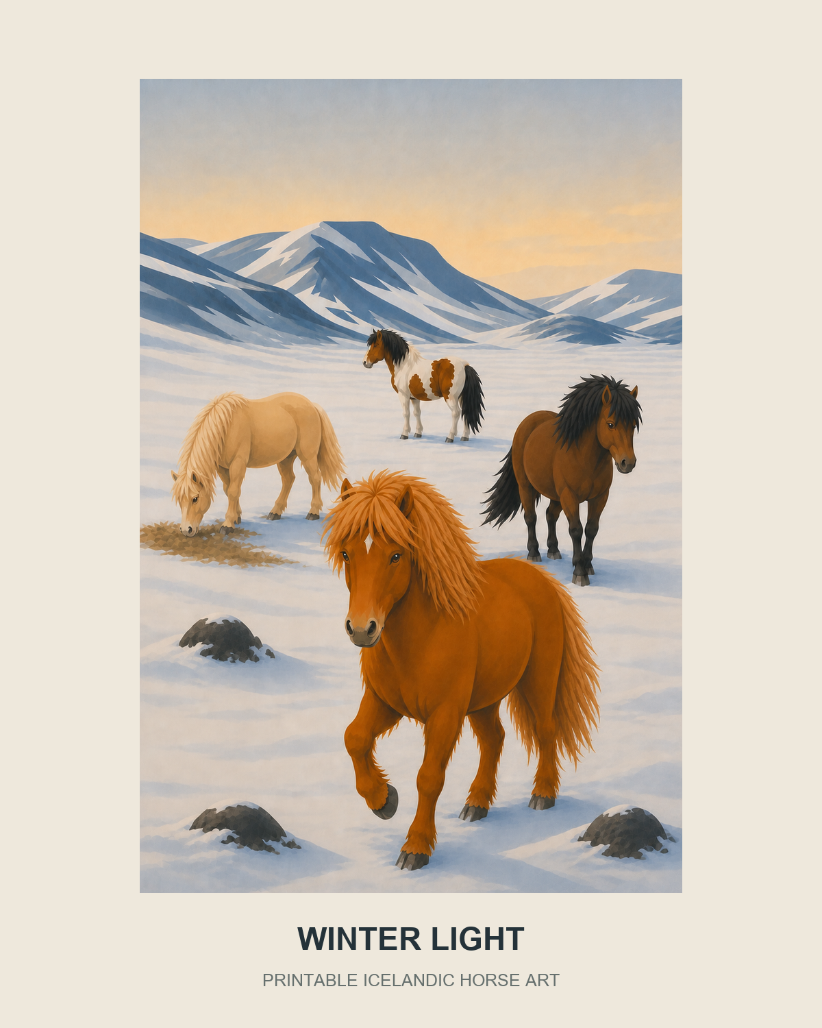Printable illustrated poster of four shaggy Icelandic horses in a snow-covered mountain valley